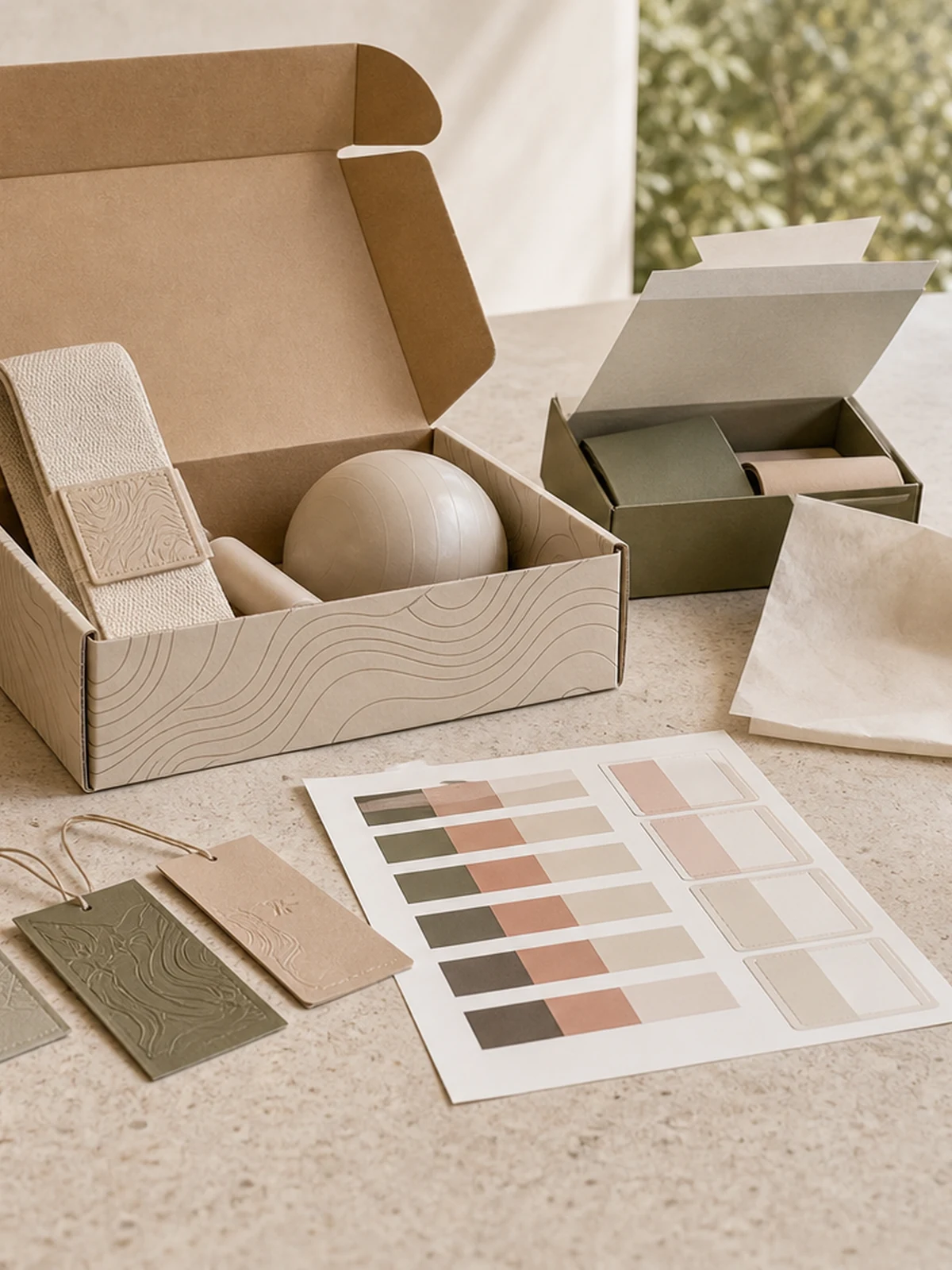 Open packaging samples, color references, material tags, and product boxes on a development table