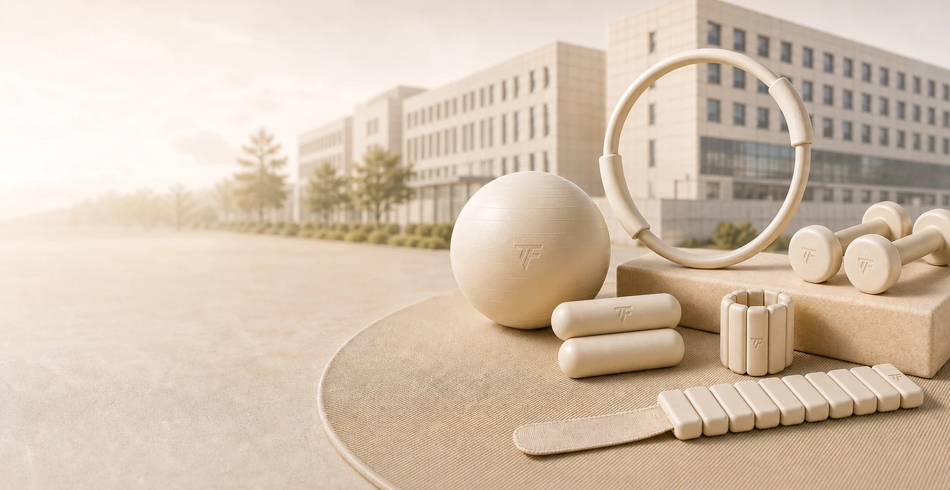 Premium creamy-white Pilates products displayed in front of the Teamforce facility.