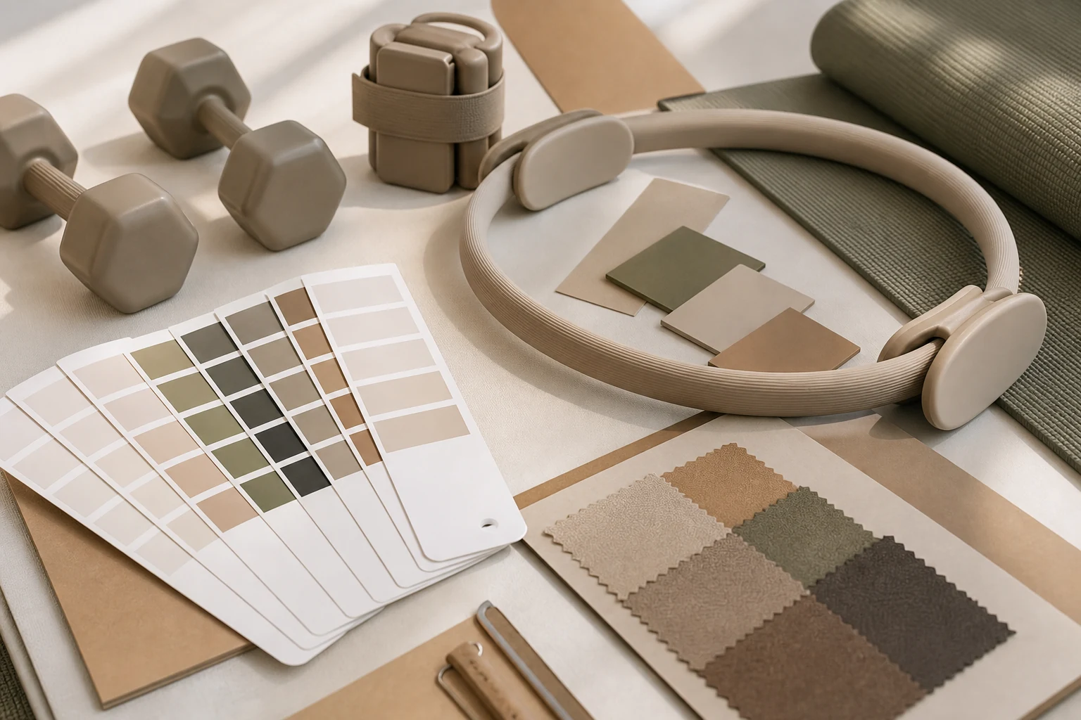 Pantone color cards arranged with premium silicone fitness products for custom color matching.