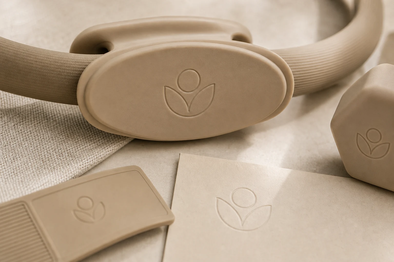 Close-up of refined debossed logo detail on a matte silicone fitness accessory.