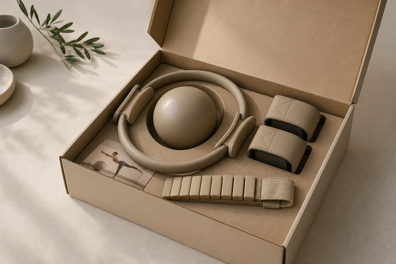 Retail-ready custom box with coordinated Pilates and yoga accessory set.