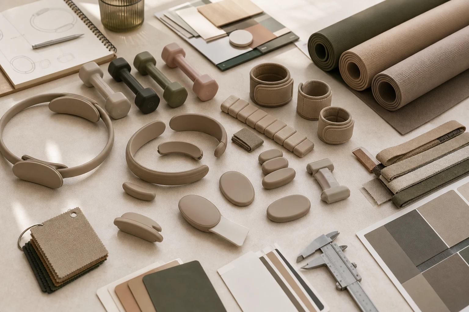 Product drafts, silicone samples, material swatches, and measuring tools on a development desk