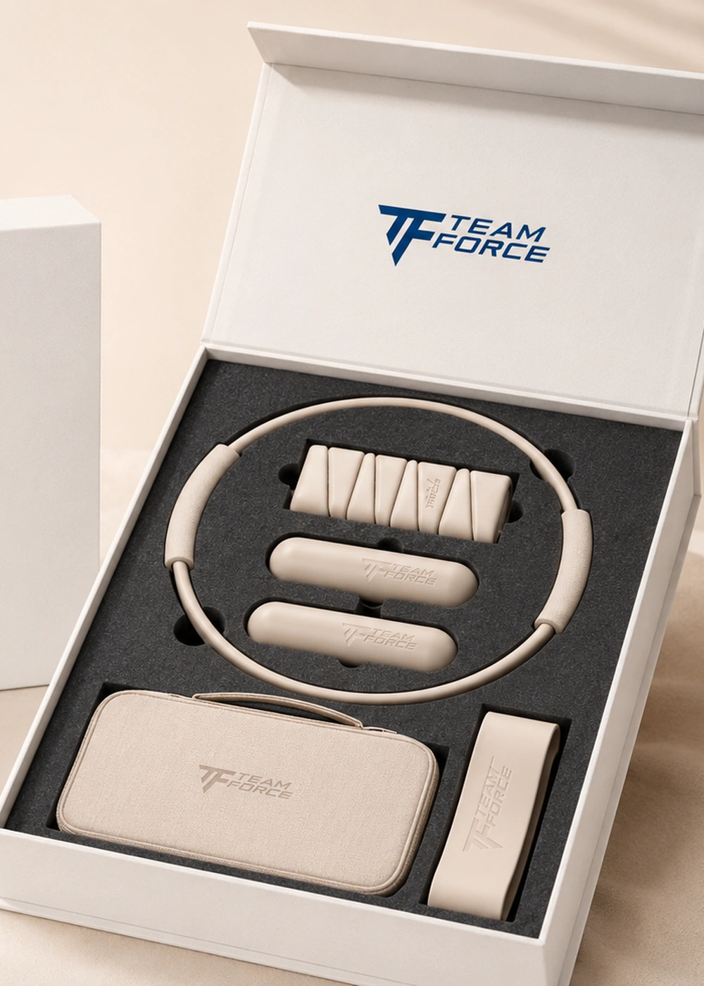 Premium custom package box with pilates accessories arranged for a luxury unboxing.