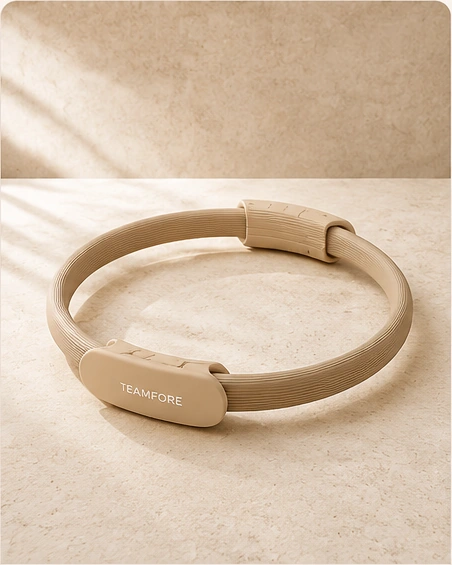 Beige Pilates ring photographed on warm stone with soft natural light.