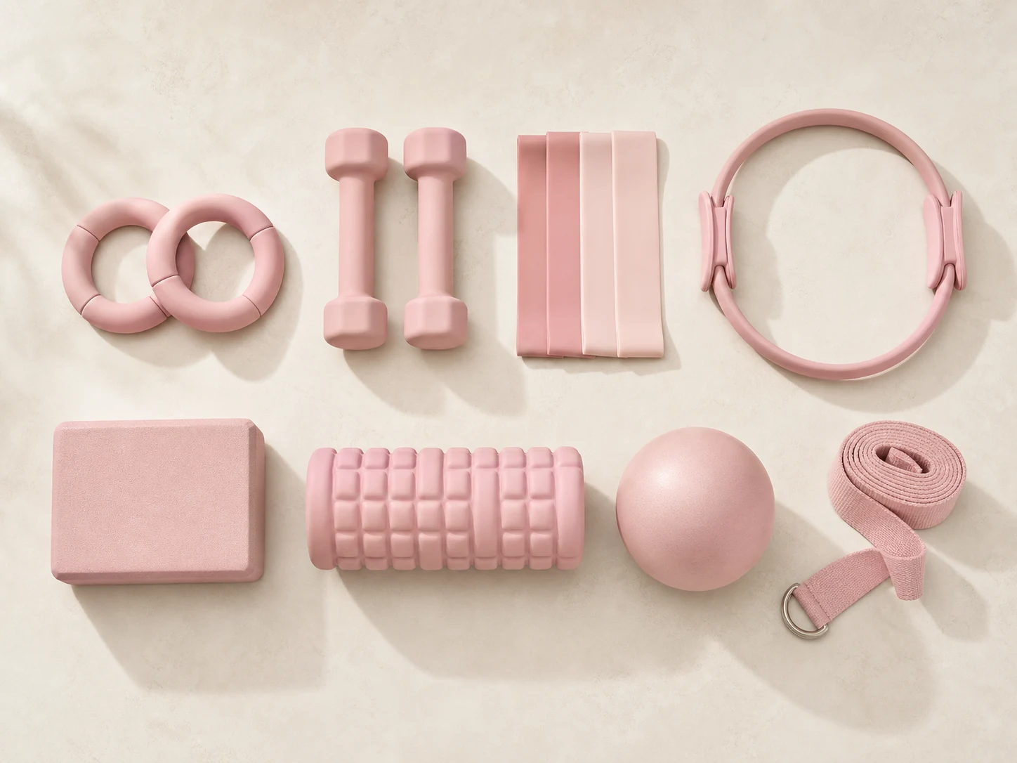 A coordinated blush Pilates and yoga product assortment prepared for premium wholesale and private-label development.
